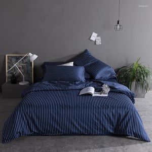 Juegos de ropa de cama azul blanco negro egipcio algodón longitudinal juego de rayas tapa décima sábana de almohadilla de lino 4 piezas