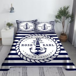 Ensembles de literie Ancre de bateau Bleu et rayures blanches Ensemble de draps de lit Imprimé 3D Marine Plat avec taie d'oreiller Lin King Queen Size 230721