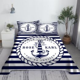Conjuntos de ropa de cama Ancla de barco Juego de sábanas de rayas azules y blancas Impreso en 3D Plano azul marino con funda de almohada Lino King Queen Size 230406