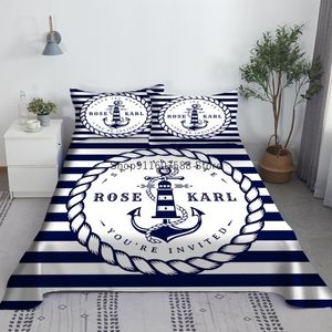 Beddengoedsets Bootanker Blauwe en witte strepen Lakenset 3D-geprint Marineblauw Plat met kussensloop Linnen King Queen Size 230406