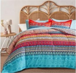 Juegos de ropa de cama bohemio viento étnico azul rojo bloguero cubierta nórdica cubierta de almohadillas de sábana plana juego de tres piezas