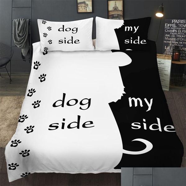 Ensembles de literie Bonenjoy Noir et Blanc Couleur Ensemble de literie Couples Chien Côté Mon Roi Reine Simple Double Double Fl Taille 210716 Drop Livraison Dhn5Z