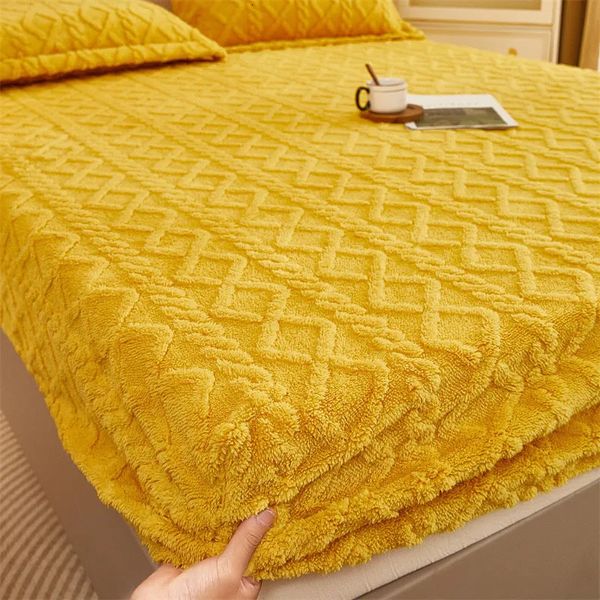 Ensembles de literie Bonenjoy hiver drap de lit chaud couleur jaune Taff velours polaire lin simple peluche drap de lit 2 personnes couverture épaisse 231218