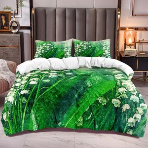 Beddengoed sets Botanische dekbedovertrek met witte bloemen Groene bladeren Trooster Tieners Volwassenen Microfiber Soft