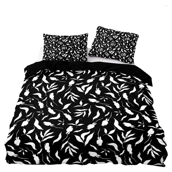 Ensembles de literie bref ensemble de couette noire ensemble double twin taille avec taie d'oreiller pour feuilles blanches 3D imprimer les textiles de la maison