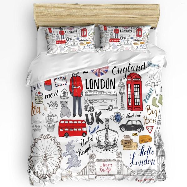 Ensembles de literie britannique Graffiti Londres Culture dessin animé Doodle housse de couette 3 pièces ensemble Textile de maison couette taies d'oreiller pas de feuille