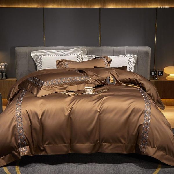 Conjuntos de ropa de cama Bronce Vintage Lujoso bordado 1000TC Algodón egipcio Ultra suave Calidad premium 4 piezas Funda nórdica Sábana Fundas de almohada