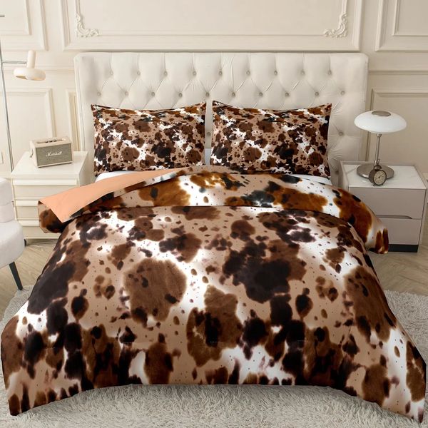 Ensembles de literie Ensemble de couette imprimé vache marron Queen King Size Ferme avec 2 taies d'oreiller assorties Décoration de chambre 231214