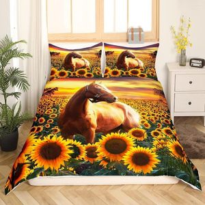 Juegos de cama Juego de funda nórdica de caballo marrón Tamaño doble para niños Decoración de habitación de adultos Girasol moderno con puesta de sol