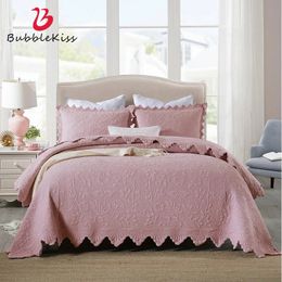 Beddengoedsets Bubble Kiss Luxe stoffig roze bloemenpatroon Gewatteerde katoenen sprei Queen 3-delige dekbedovertrek met delicate rand Kussenhoezenset 231026