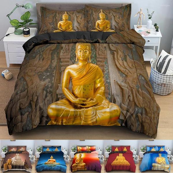 Juegos de cama Estatua de Buda Funda de edredón Juego de edredón con estampado de budismo Fundas de edredón Twin King con funda de almohada Ropa de cama 2/3PCS