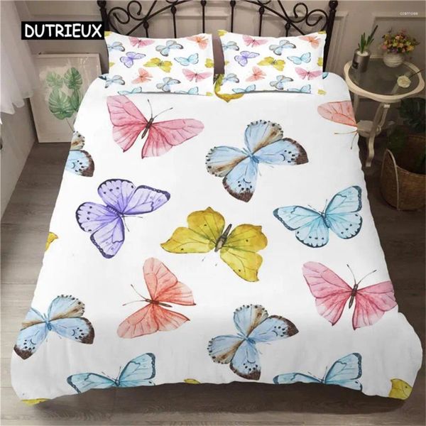 Ensembles de literie Ensemble de housse de couette papillon Taille double Motif volant coloré pour enfant Couette en microfibre douce respirante