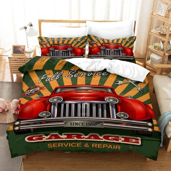 Conjuntos de ropa de cama Cars Funda nórdica Tradicional Old Car Race Nostálgico Conjunto americano Edredón de poliéster clásico para niños y adolescentes