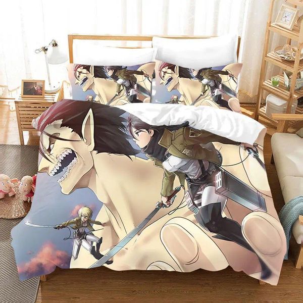 Conjuntos de ropa de cama Cartoon Anime Divet Cubierta para adultos Ataque japonés en titán niños Juego de niños King size 3d edredón lino