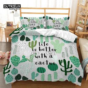 Beddengoed stelt cartoon cactus dekbedoverdeksel Springtuin met boho -stijl boeket van doornige planten bloesems decor 3 -delige kussenslopen