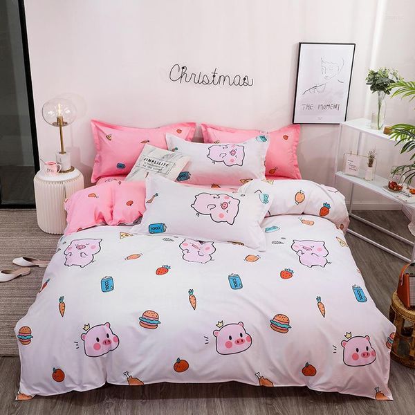 Ensembles de literie dessin animé mignon cochon linge de lit rose Simple belle Anime housse de couette couette taie d'oreiller feuille cadeau pour enfants 3/4 pièces