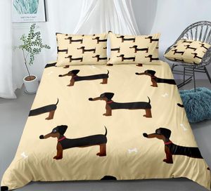 Ensembles de literie dessin animé teckel housse de couette ensemble saucisse chiens enfants garçons filles mignon animal de compagnie couette jaune lit 3 pièces livraison directe