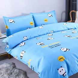 Beddengoed stelt cartoon panda patroon comfortabel polyester king set blauw quilt dekbedovertrek plat ruches blad 2 kussensloop home textiel