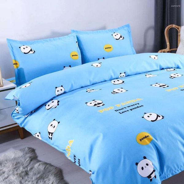 Ensembles de literie dessin animé motif panda confortable polyester king king set bleu couette couette couvercle de volants plats 2 taies d'oreiller textile de maison