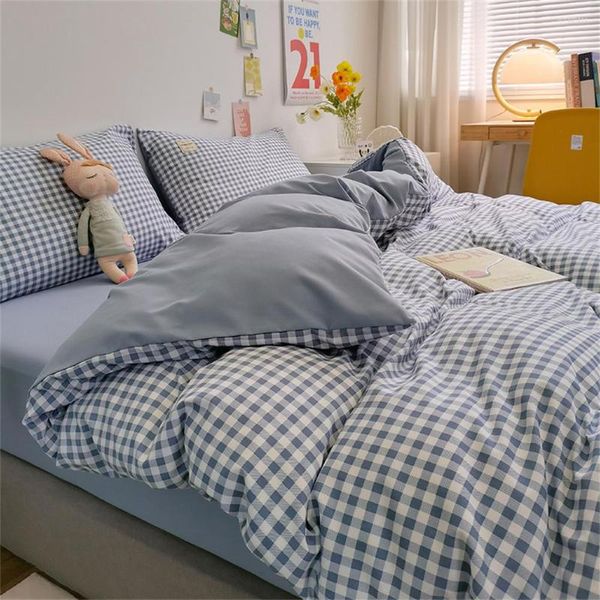 Conjuntos de ropa de cama Juego de sábanas de 4 piezas de algodón lavado a cuadros Edredón simple Dormitorio para estudiantes