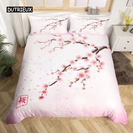 Conjuntos de ropa de cama Juego de funda nórdica con flores de cerezo King Estilo japonés Tema romántico Edredón rosa Edredón con estampado floral botánico