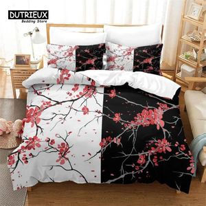 Conjuntos de ropa de cama Flores de cerezo Juego de funda nórdica Microfibra floral japonesa Tema romántico Edredón Twin King para el día de San Valentín