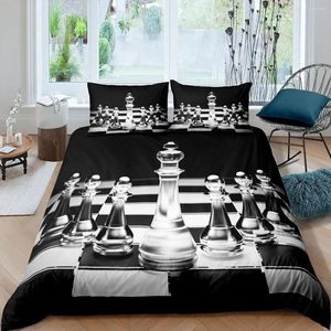 Beddengoedsets Schaakbord Dekbedovertrek 3D Grappig spelset Zwart Wit Geruite print Dekbed King Queen Size Polyester dekbed