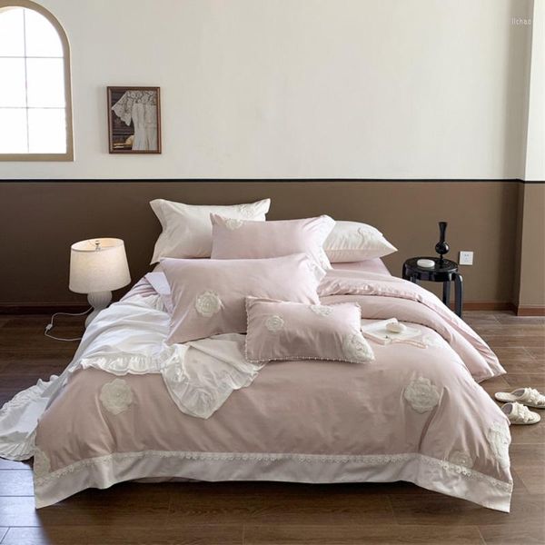 Ensembles de literie Chic camélia broderie rose ensemble de luxe 1000TC coton égyptien housse de couette drap housse ou lit taies d'oreiller