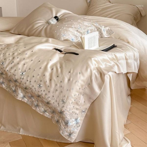 Ensembles de literie Chic Fleurs Broderie Princesse Ensemble 1000TC Eucalyptus Lyocell Doux Soyeux Champagne Housse de Couette Drap de Lit Taie d'oreiller