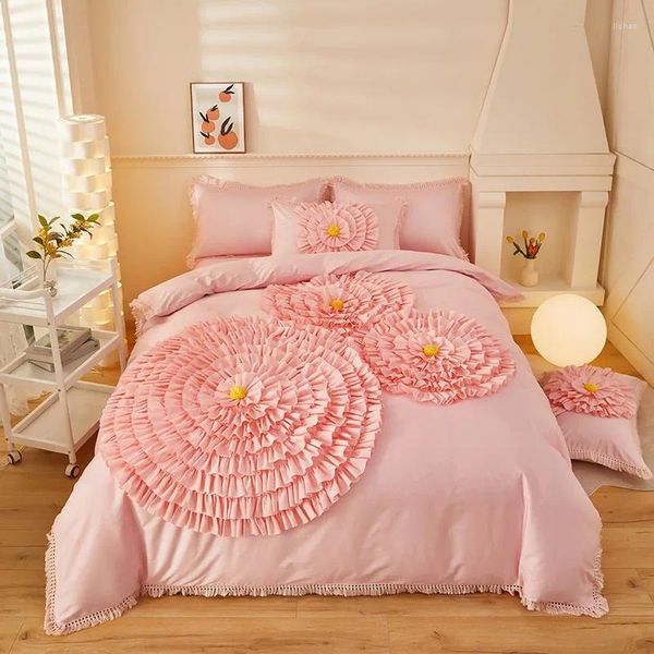 Conjuntos de ropa de cama Chic Handwork Ruffles Juego de funda nórdica plisada Rosa Blanco 1000TC Algodón egipcio Suave 4 piezas Falda de cama Fundas de almohada