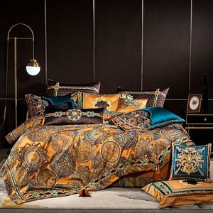 Beddengoed sets chique thuis 4 6 10pcs plaats faux zijden luxe grote jacquard met borduurwerk gouden dekbedovertrekbed bedden sprei laken l221206