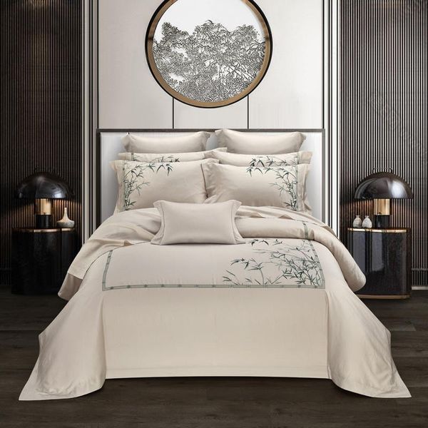 Conjuntos de ropa de cama Chic oriental bordado oriental seta nórdica de bambú set premium egipcio algodón suave reina doble rey 4pcs con sábana 221129