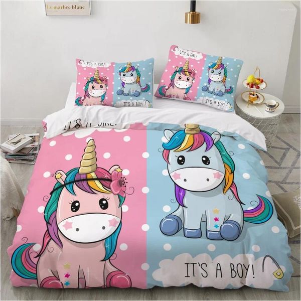 Conjuntos de ropa de cama Niños Bebé Rosa Dibujos animados Lindo Unicornio Funda nórdica blanca Unicornios coloridos y azules Decoración del dormitorio para niñas Gitf