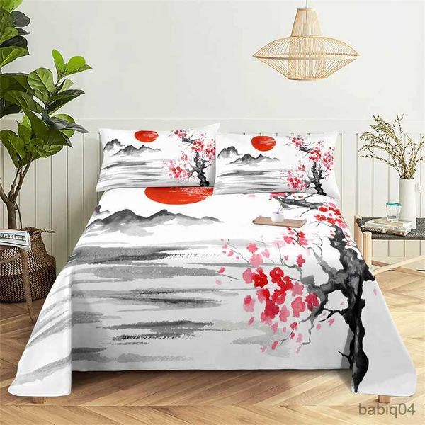 Juegos de cama Tinta china y lavado 0,9/1,2/1,5/1,8/2,0 m Ropa de cama Impresión digital Sábana plana de poliéster con estuche Juego de cama estampado