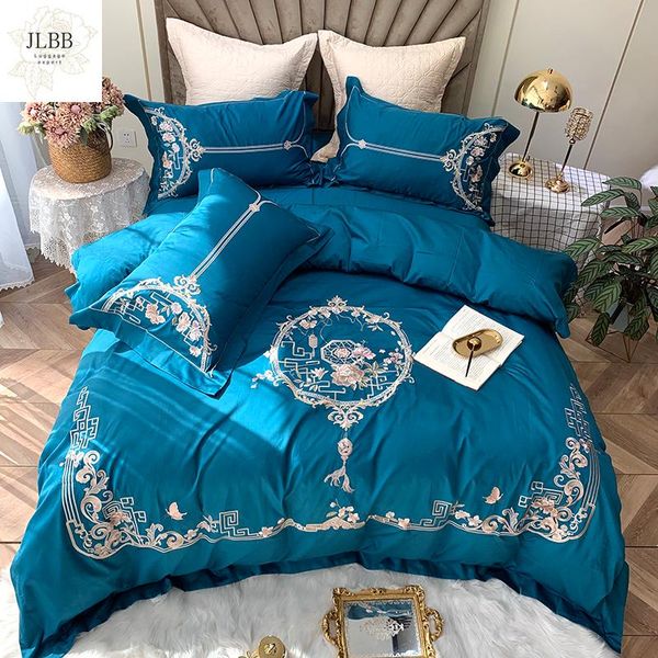 Juegos de cama Estilo chino Bordado de rima antigua 100S Algodón egipcio Funda nórdica azul Sábana Juego de fundas de almohada de lino