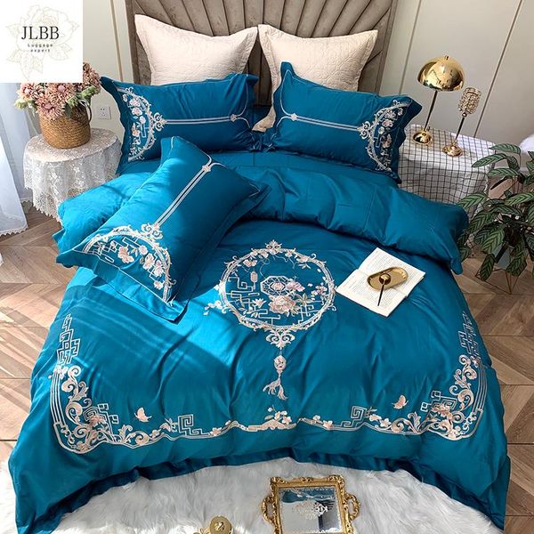 Ensembles de literie Style chinois rime ancienne broderie 100S coton égyptien bleu housse de couette drap de lit linge taies d'oreiller ensemble