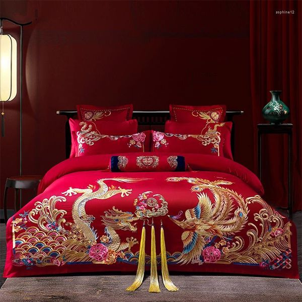 Ensembles de literie Style chinois ensemble de mariage de luxe coton égyptien or Loong Phoenix broderie glands housse de couette drap de lit taies d'oreiller