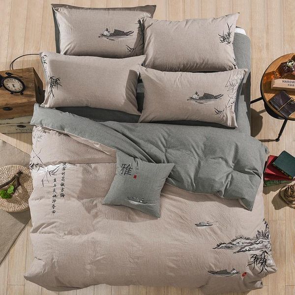 Juegos de cama Sábana de algodón lavada de estilo chino Funda de almohada Funda nórdica Juego de bordado exquisito clásico 4PCS