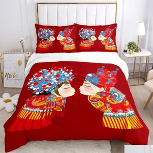 Beddengoed stelt Chinese bruiloftskunstafdruk drie -delige set Artikel Kinderen of ATT's voor bedden Quilt ers Pillowcases 240127 Drop levering ho dhaqj