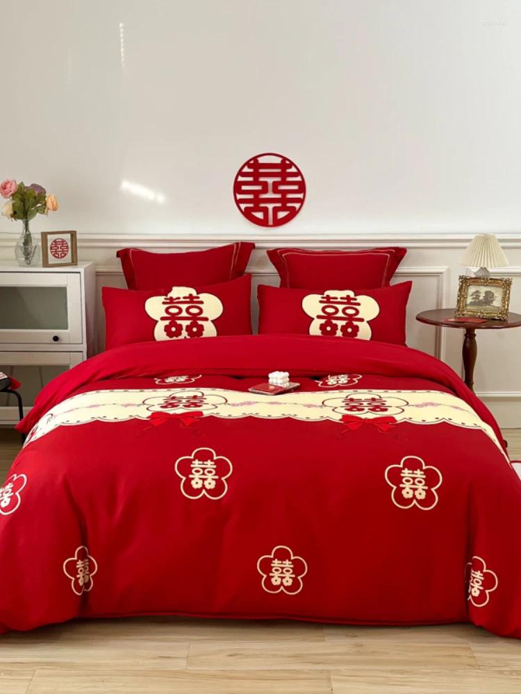 Beddengoedsets Chinese bruiloft vierdelig rood katoenen laken voor kamer