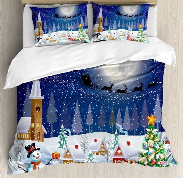 Conjuntos de ropa de cama Funda nórdica navideña Temporada de invierno Muñeco de nieve Árbol de Navidad Santa Trineo Luna Cajas de regalo Nieve y estrellas Decoración de la habitación Niños