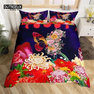 Ensembles de literie Chrysanthemum Blossom King Housse de couette Résumé Papillon Rose Couette Microfibre Lune Rouge Ensemble de ferme rustique