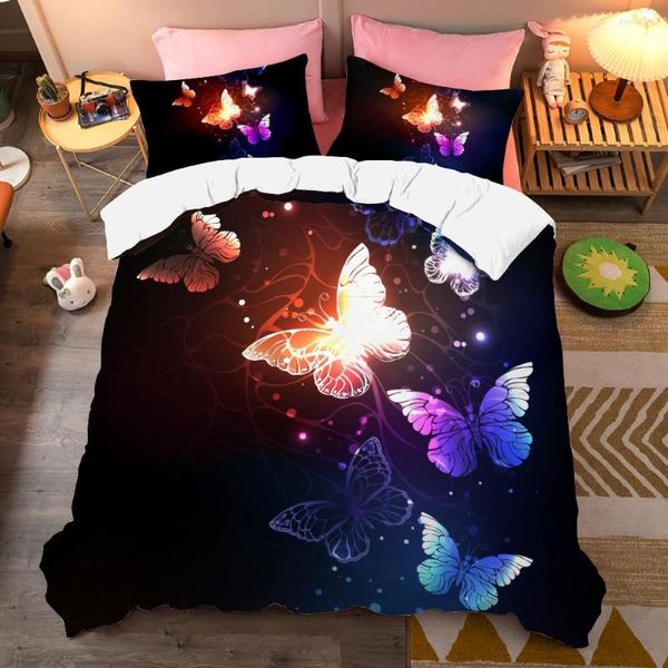 Juegos de ropa de cama Colorido hermoso juego de mariposas Flying Animal Funda nórdica Funda de almohada Edredón de poliéster suave para mujeres niñas