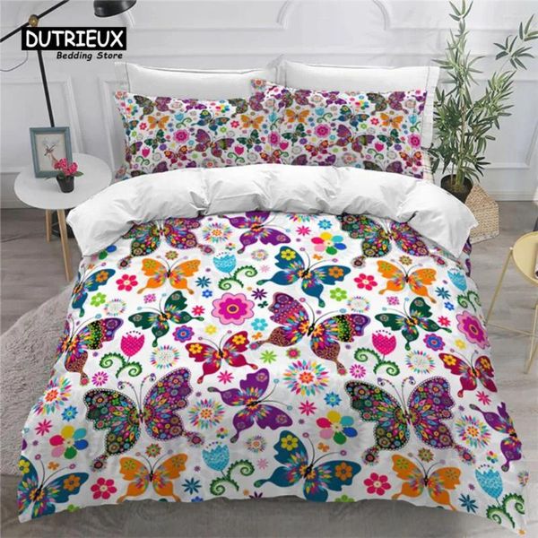 Conjuntos de ropa de cama Mariposa colorida y cubierta de edredón floral Conjunto King Tamaño Mariposas Tema para niños Niñas Edredón Fundas de almohada