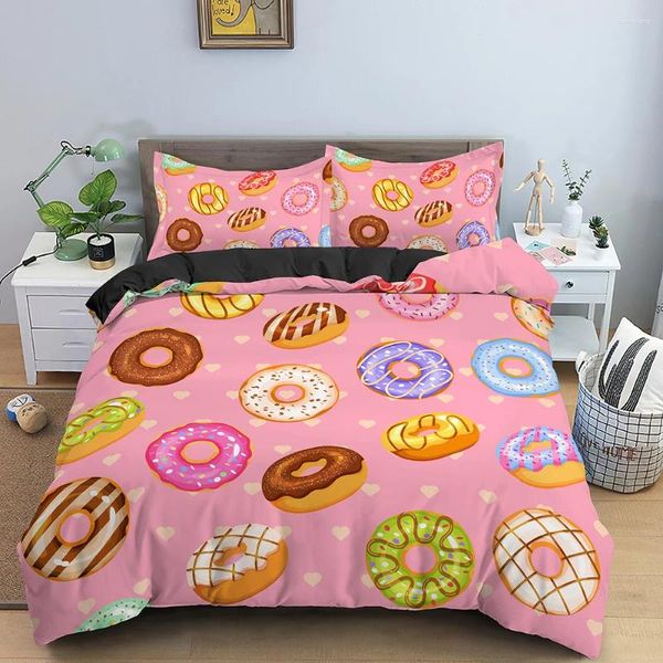 Conjuntos de ropa de cama Colorido Donut Funda nórdica Dibujos animados Postre de chocolate dulce para niñas Tema de comida Decoraciones de dormitorio Edredón de poliéster
