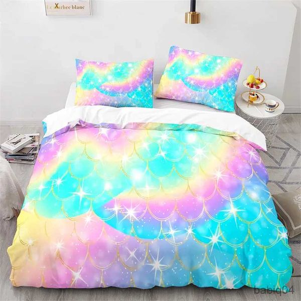 Juegos de ropa de cama Juego de cama con escamas de peces de colores Twin King para niños y niñas, funda nórdica con estampado de superficie de piel de sirena azul y rosa, funda de edredón de poliéster