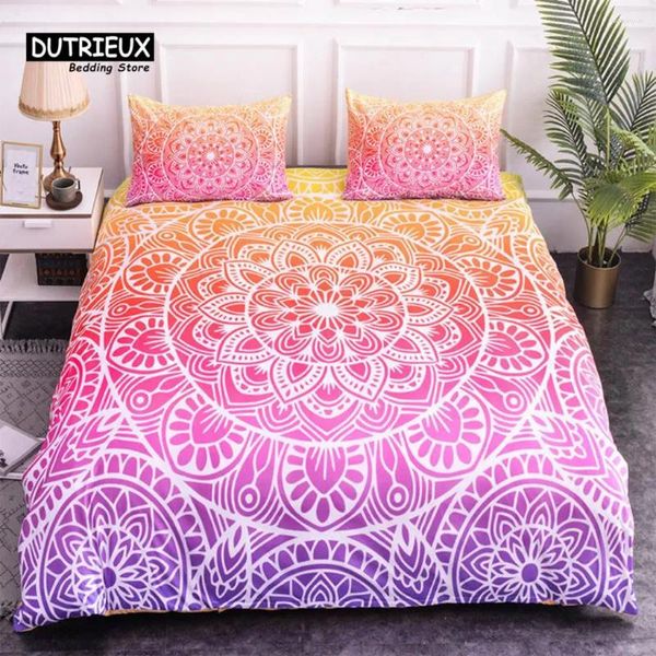 Conjuntos de ropa de cama Juego de funda nórdica de mandala colorido Estilo bohemio Tonos pastel Diseño de flores abstractas Fundas de almohada con estampado de edredón