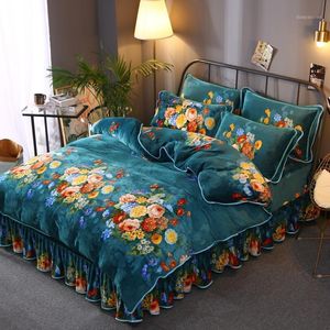 Conjuntos de ropa de cama Conjunto de cama doble de invierno de lana de coral para el hogar Estampado floral de terciopelo grueso y cálido Z121