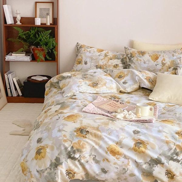 Conjuntos de ropa de cama Juego de 4 piezas de algodón Planta americana Funda de edredón de sarga activa Cama Sábana ajustable Seda de lujo