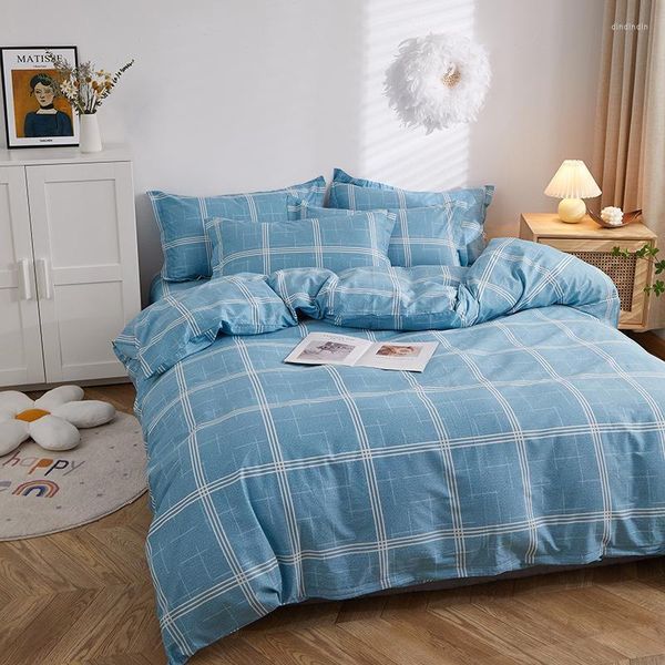 Ensembles de literie coton bleu Plaid linge de lit moderne doux housse de couette ensemble simple Double housses de couette avec draps taie d'oreiller